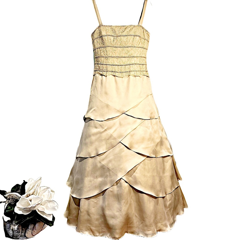FOUY CHOV Couture Evening Gown Embroidered Bodice Silk Full Skirt Cream Sz 10